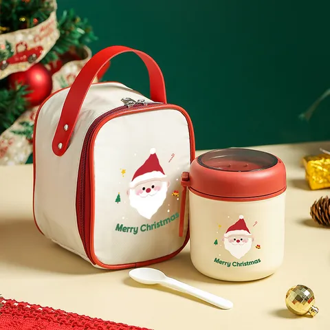Taza Termo Aislada Navideña de Acero Inoxidable Botella de Vacío Portátil Con Cuchara Lindo Dibujos Animados Taza de Sopa Regalo