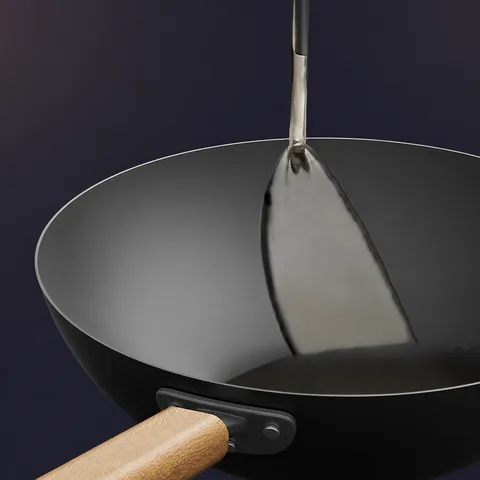 Titaan-IJzerlegering Anti-aanbak Wok Huishoudelijke Koekenpan Met Deksel Van Glas En Houten Handvat