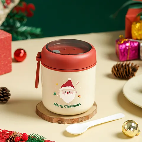 Taza Termo Aislada Navideña de Acero Inoxidable Botella de Vacío Portátil Con Cuchara Lindo Dibujos Animados Taza de Sopa Regalo