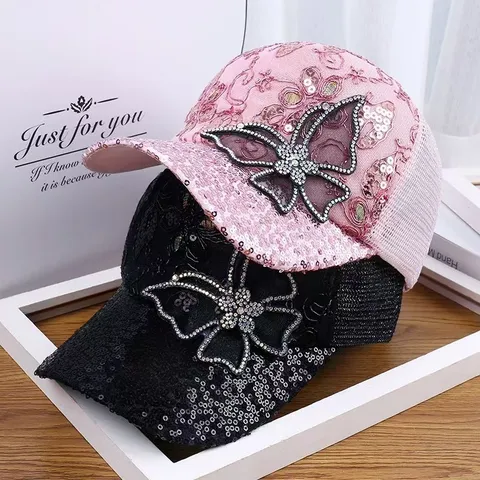Gorra de Béisbol de Mariposa con Diamantes de Imitación para Mujer Protección Solar de Verano Malla Transpirable Visera de Ala Curva Sombrero Casual de Moda