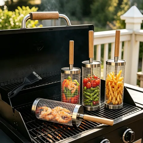 Stainless Steel Rolling BBQ Grill Basket Cylindrical Barbecue Cage Mesh With Wooden Handle For Outdoor Camping