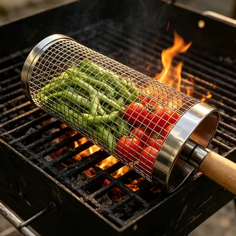 Stainless Steel Rolling BBQ Grill Basket Cylindrical Barbecue Cage Mesh With Wooden Handle For Outdoor Camping