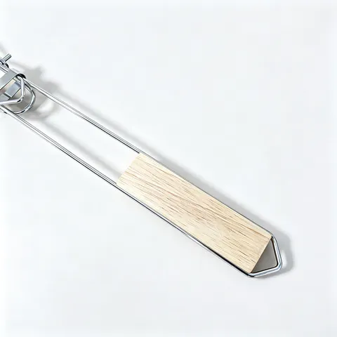 Portable Foldable Single Fish Grilling Net Iron Electroplated Barbecue Tool With Wood Handle For Camping BBQ
