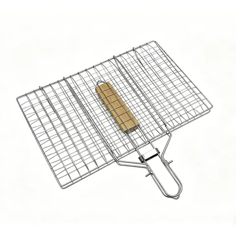 Portable Foldable BBQ Grill Basket Chrome-Plated Iron Outdoor Barbecue Wire Mesh Net With Wooden Handle For Camping Cooking