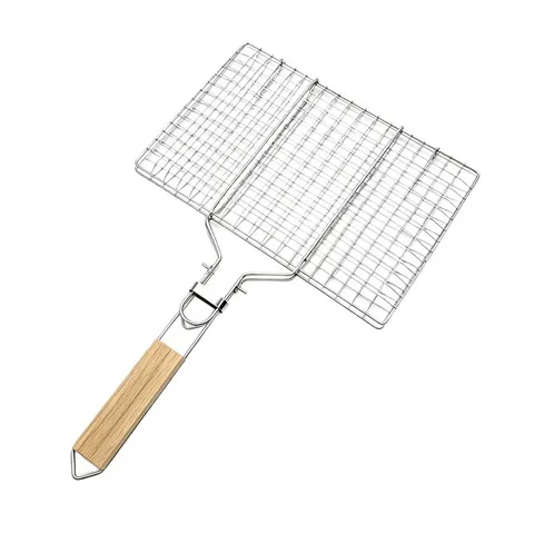 Portable Foldable BBQ Grill Basket Chrome-Plated Iron Outdoor Barbecue Wire Mesh Net With Wooden Handle For Camping Cooking