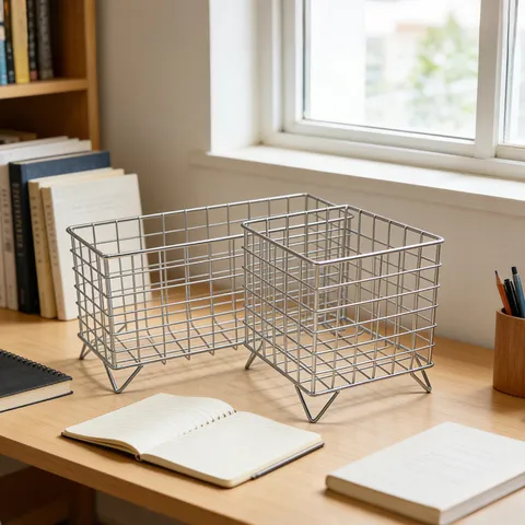 Silver Metal Wire Storage Basket Hollow Iron Desk Organizer Rectangular Square Storage Bin For Home Kitchen Bathroom