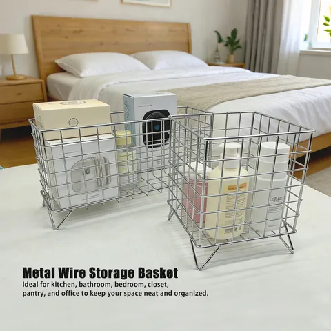 Silver Metal Wire Storage Basket Hollow Iron Desk Organizer Rectangular Square Storage Bin For Home Kitchen Bathroom