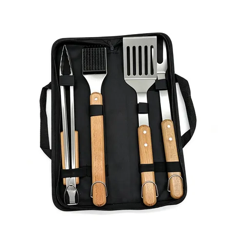Stainless Steel Beech Wood BBQ Tools Grilling Accessories With Portable Oxford Storage Bag For Outdoor Cooking