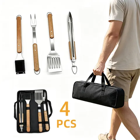 Stainless Steel Beech Wood BBQ Tools Grilling Accessories With Portable Oxford Storage Bag For Outdoor Cooking