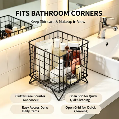 Iron Wire Desktop Storage Basket Metal Mesh Sundries Organizer Cosmetic Storage Holder For Office Home Bathroom