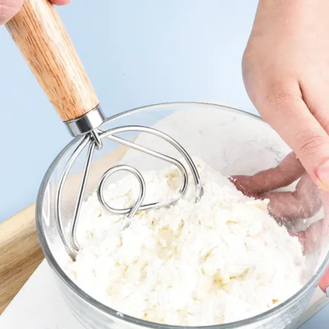 Manual Danish Dough Whisk Stainless Steel Flour Whisk With Wooden Handle Baking Tool For Kitchen Baking Mixing