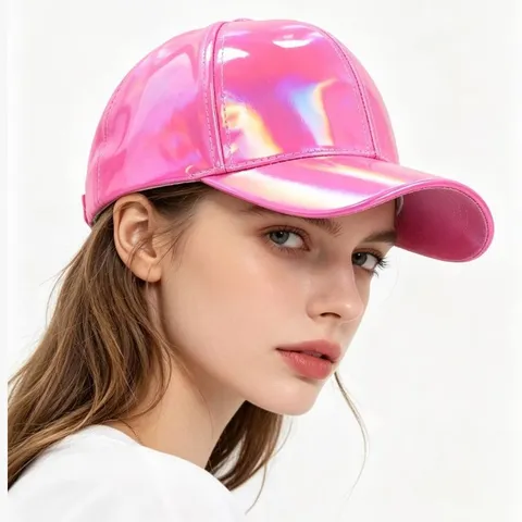 Casquette de Baseball Dégradé Laser Cuir PU Unisexe Hip Hop Streetwear Brillant Coloré Bord Incurvé Plat