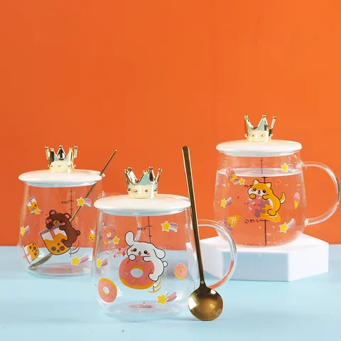 Cute Cartoon Heat Resistant Glass Water Cup With Crown Lid And Golden Spoon Large Capacity Coffee Milk Breakfast Mug