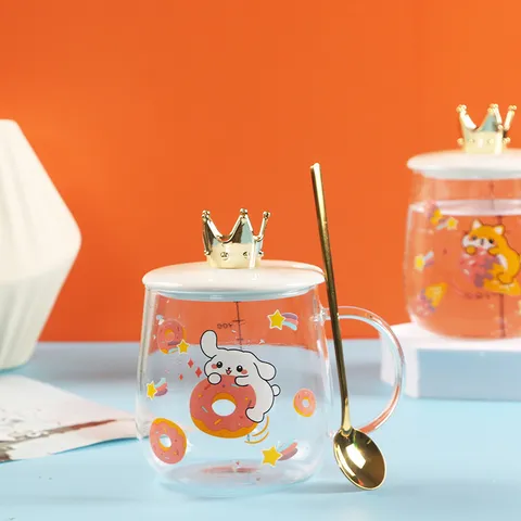 Cute Cartoon Heat Resistant Glass Water Cup With Crown Lid And Golden Spoon Large Capacity Coffee Milk Breakfast Mug