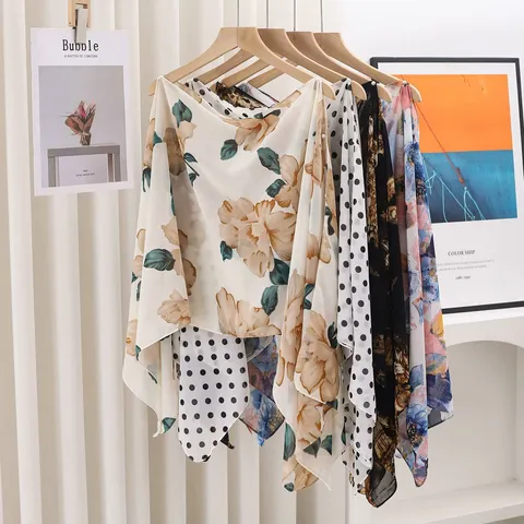 Women Fashion Chiffon Shawl Summer Sun Protection Cape Polka Dot Floral Print Beaded Pullover Elegant Outerwear Scarf