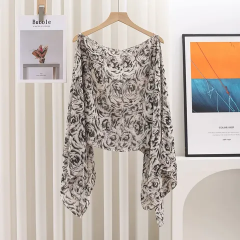 Women Fashion Chiffon Shawl Summer Sun Protection Cape Polka Dot Floral Print Beaded Pullover Elegant Outerwear Scarf