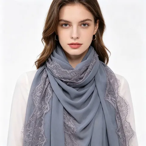 Scialle Lungo in Chiffon da Donna alla Moda Leggero e Traspirante con Finitura in Pizzo a Ciglia Accessori Quotidiani