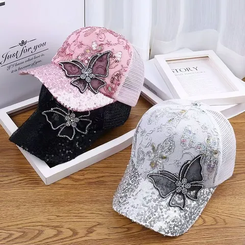 Gorra de Béisbol de Mariposa con Diamantes de Imitación para Mujer Protección Solar de Verano Malla Transpirable Visera de Ala Curva Sombrero Casual de Moda