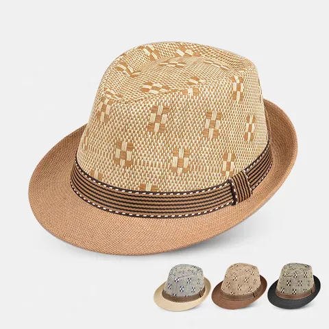 Men's Summer Straw Fedora Hat Breathable Plaid Sun Hat Fashion Beach Casual Woven Panama Hat