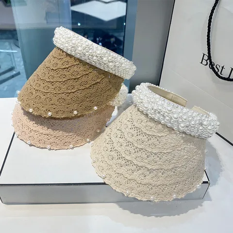 Femme Mode Dentelle Perle Chapeau Sans Dessus Été Extérieur Plage Protection Solaire Visière Ajouré Doux Chapeau Décontracté