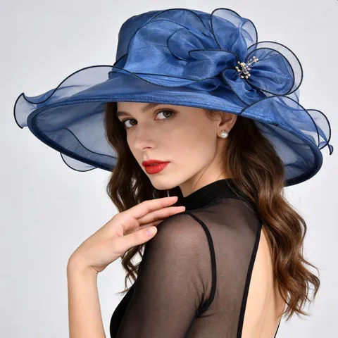 Women's French Vintage Organza Sun Hat Wide Brim Elegant Floral Mesh Fedora Summer Beach Vacation Hat