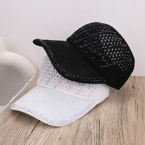 Mujeres Verano Hueco Tejido Strass Visera Gorro Transpirable Anti-UV Superior Vacío Gorra de Playa Moda Casual Viaje al Aire Libre Sombrero de Sol