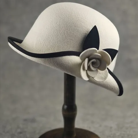 Audrey Hepburn Style Camellia Wool Felt Bucket Hat Women Retro Color Block Wide Brim Fedora Warm Winter Hat
