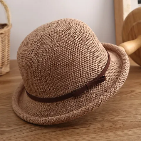 Sombrero de Paja para Mujer Protección Solar Verano Playa Casual Lazo Sombrero de Paja Moda Tejido Fedora Basin Hat