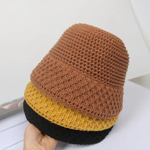 Sombrero de Pescador de Otoño e Invierno para Mujer Vintage Tejido Grueso Cálido Casual Sombrero Liso Gorro de Punto
