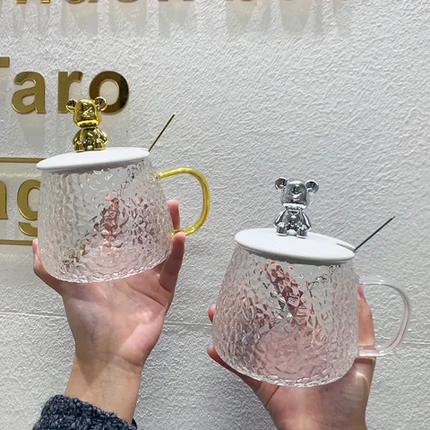 Ins Style Hammered Glass Coffee Mug With Lid And Spoon Cute Gold Silver Bear Rabbit Figurine Water Cup Gift