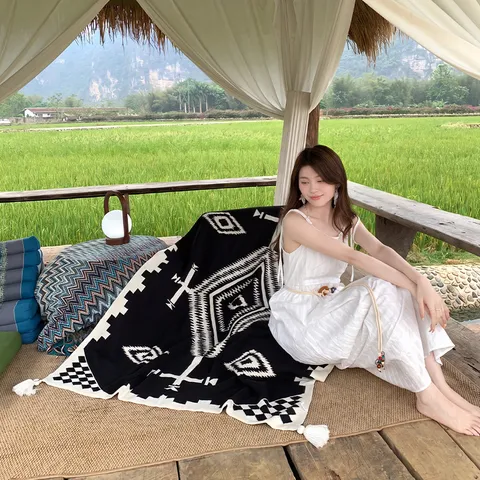 Boho Knitted Blanket Ethnic Geometric Throw Blanket Fringe Sofa Blanket Air Conditioning Blanket Multipurpose Home Decor Tapestry