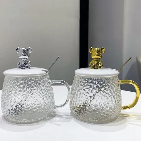 Ins Style Hammered Glass Coffee Mug With Lid And Spoon Cute Gold Silver Bear Rabbit Figurine Water Cup Gift