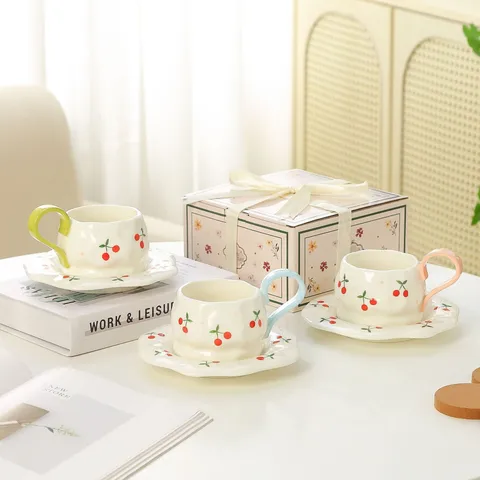 Handmade Ceramic Coffee Cup And Saucer Set With Gift Box Cute Cherry Pattern Ceramic Tea Mug For Office Home