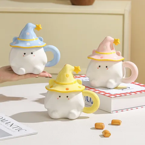 Taza de Cerámica Creativa con Tapa Lindo Diseño de Sombrero de Mago Duende Taza de Café Regalo de Menaje Novedad para Fiesta de Cumpleaños Hogar