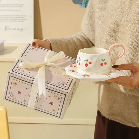 Handmade Ceramic Coffee Cup And Saucer Set With Gift Box Cute Cherry Pattern Ceramic Tea Mug For Office Home