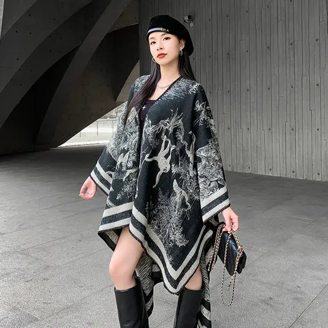 Women Winter Warm Acrylic Imitation Cashmere Cloak Retro Ethnic Geometric Print Split Shawl Wrap Scarf Outerwear