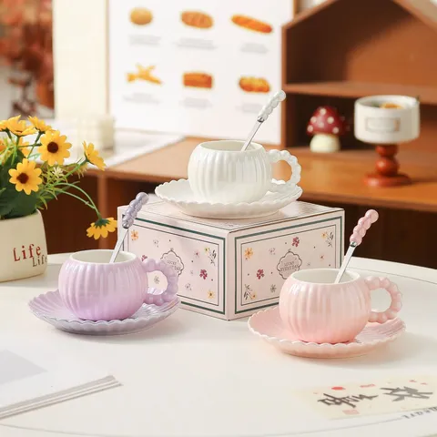 Ins Style Ceramic Coffee Cup And Saucer Set Pearl Glaze Pumpkin Shape Mug With Spoon For Home Afternoon Tea