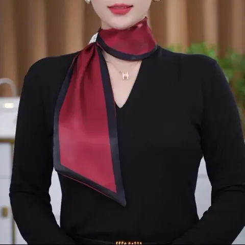Women Silk Feel Satin Scarf Summer Fashion Rhinestone Buckle Small Neck Scarf Elegant Printed Versatile Neckwear
