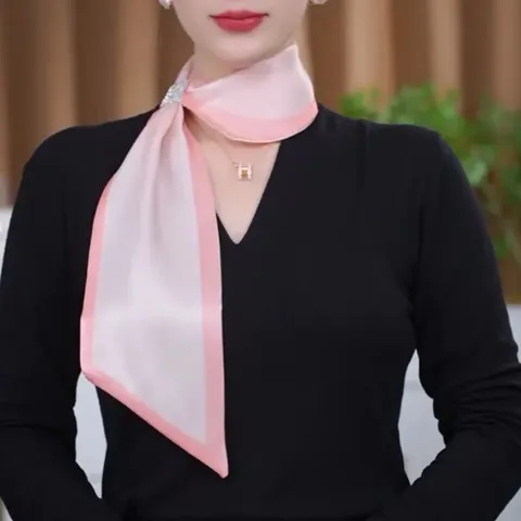 Women Silk Feel Satin Scarf Summer Fashion Rhinestone Buckle Small Neck Scarf Elegant Printed Versatile Neckwear