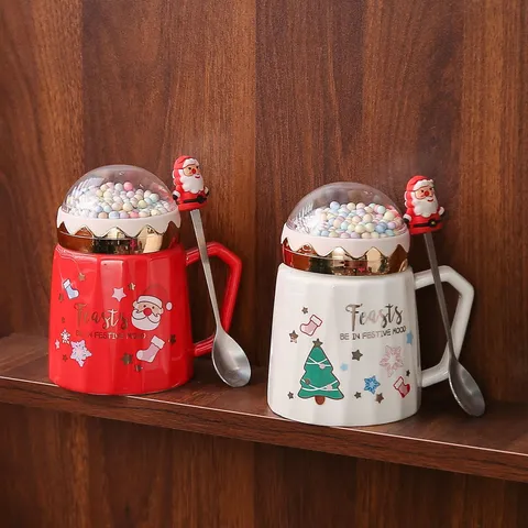 Weihnachten Keramik Kaffeetasse Mit Deckel Löffel Und Geschenkbox Cartoon Weihnachtsmann Wasserbecher Feiertagsgeschenk