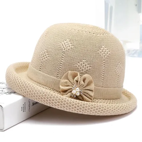 Chapeau de Pêcheur Tricoté pour Femme Fedora Chapeau de Soleil Printemps Été Automne Casual Chapeau Bassin Strass Perle Artificielle Décor