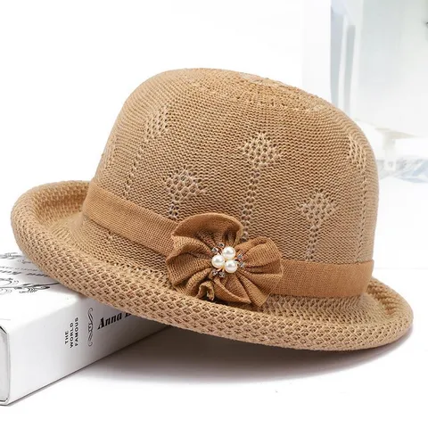 Chapeau de Pêcheur Tricoté pour Femme Fedora Chapeau de Soleil Printemps Été Automne Casual Chapeau Bassin Strass Perle Artificielle Décor