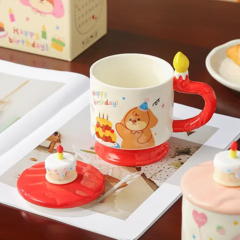 Süße Keramik Tasse Mit Deckel Und Geburtstagstorte Form Griff Mädchen Herz Wasserbecher Schüler Kaffee Milchbecher Geschenk