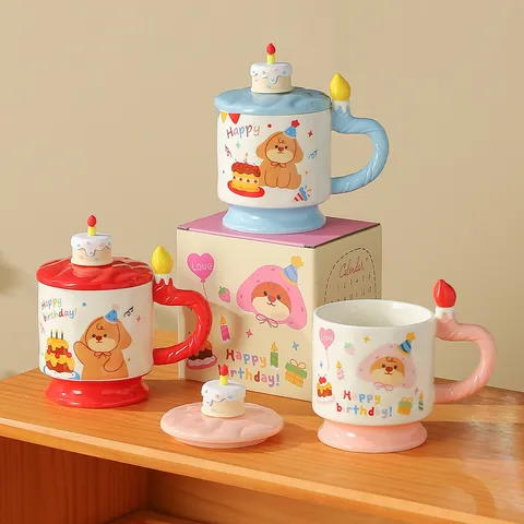Süße Keramik Tasse Mit Deckel Und Geburtstagstorte Form Griff Mädchen Herz Wasserbecher Schüler Kaffee Milchbecher Geschenk