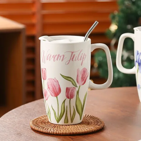 Leuke Keramische Mok Met Deksel Lepel En Stro Grote Capaciteit Koffie Melk Kop Cartoon Bloemen Print Drinkgerei Voor Thuis Kantoor