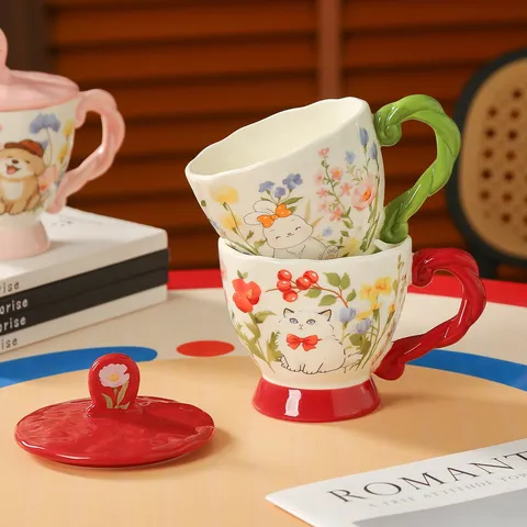 Keramik Kaffeetasse Mit Deckel Und Griff Süße Cartoon Katze Blumenmuster Keramikbecher Für Büro Zuhause Damen