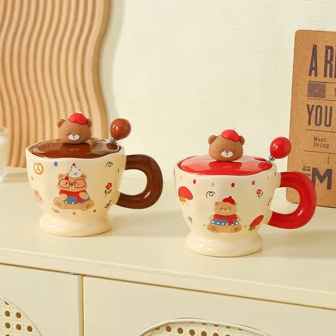 Süße Cartoon Bär Keramik Tasse Mit Deckel Und Löffel Kaffeetasse Geschenk