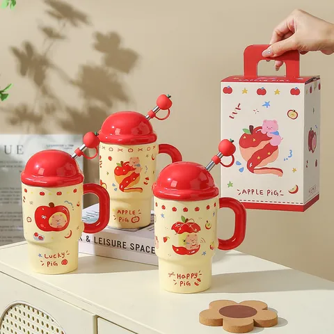 Kreative Keramik Apfel Tasse Mit Deckel Und Strohhalm Große Kapazität Süßes Cartoon Schwein Muster Kaffeetasse Geschenkbox