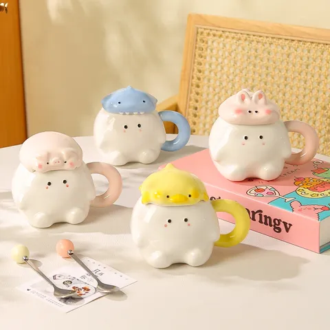 Süße Cartoon Tier Keramik Tasse Mit Deckel Und Löffel Süße Haifisch Schwein Kaninchen Ente Kaffee Milch Wasser Tasse Geburtstagsgeschenk