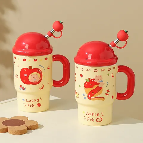 Kreative Keramik Apfel Tasse Mit Deckel Und Strohhalm Große Kapazität Süßes Cartoon Schwein Muster Kaffeetasse Geschenkbox